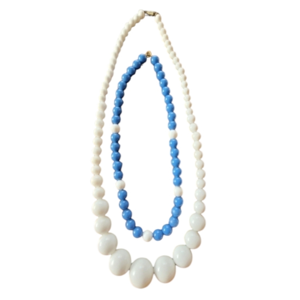 70s Vintage Plastic Large And Small White and Blue Beaded Necklaces With Clasps